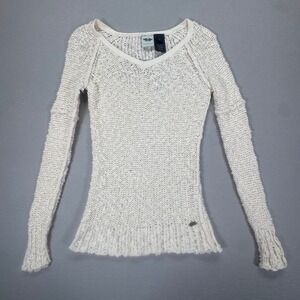 Harley Davidson Womens Cream Open Knit V-Neck Sweater Long Sleeve Logo Medium